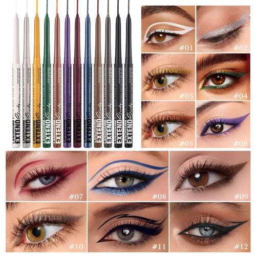 12 colourful gel glitter eyeliner pencils in matte, glitter, metallic and pearl effects