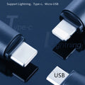 Black universal infrared remote control emitter capsule for smartphone Lightning, Type-C, and Micro USB ports.