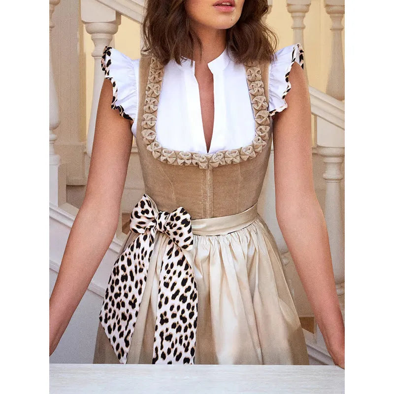 Khaki women's Oktoberfest dirndl dress with elegant styling on a hanger.