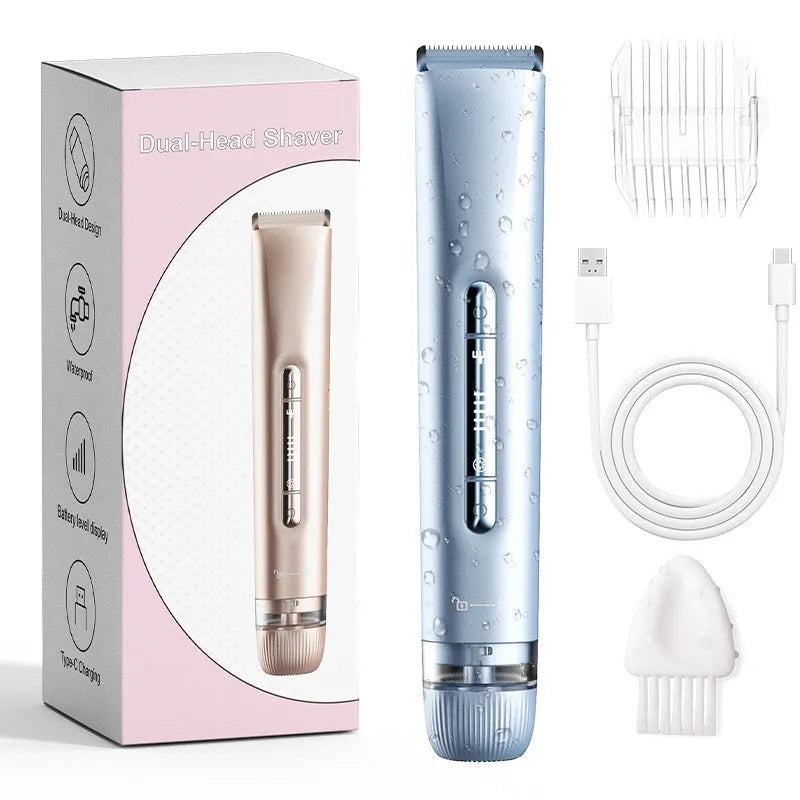 TMQ4 double-headed lady shaver for private pubic hair in blue packaging with USB cable