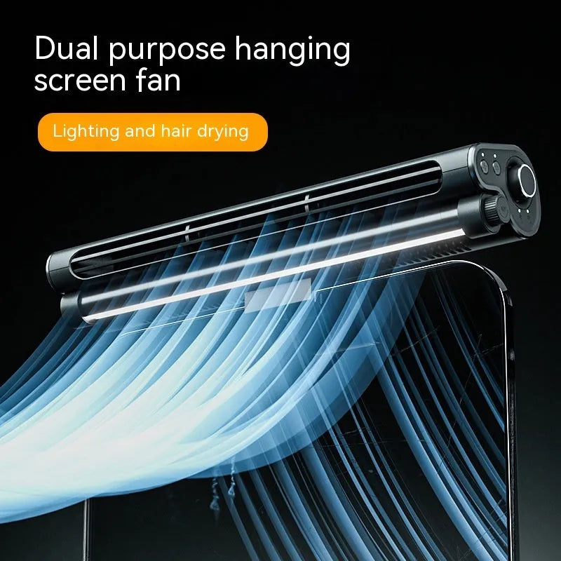 Black USB bladeless fan with clip attachment for laptop screens showing brushless motor design