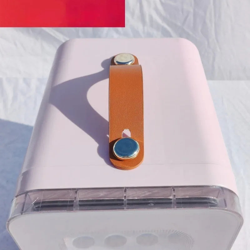 Pink mini refrigerator with transparent door showing dual-power 6L capacity for car and home use