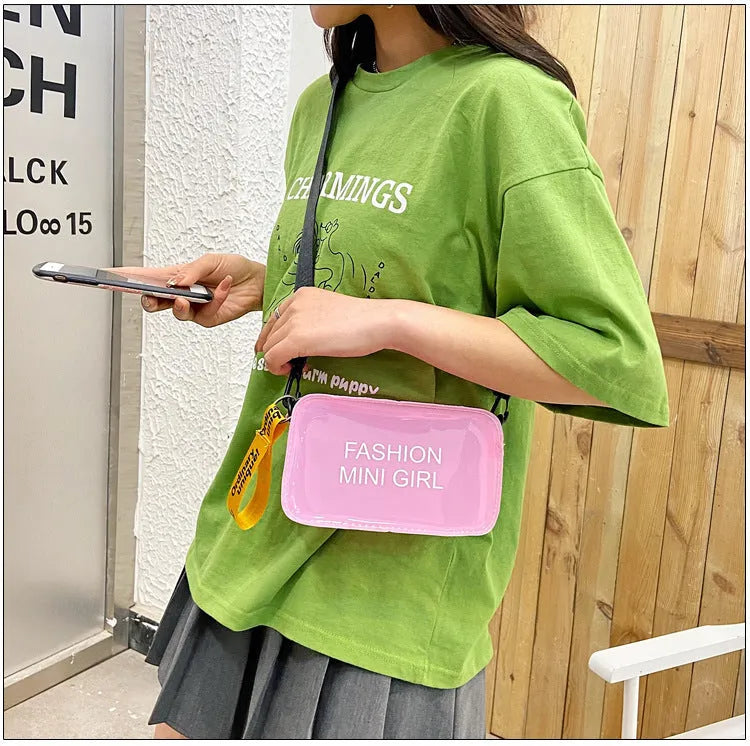 Transparent square jelly shoulder bag with single diagonal cross strap in various colour options