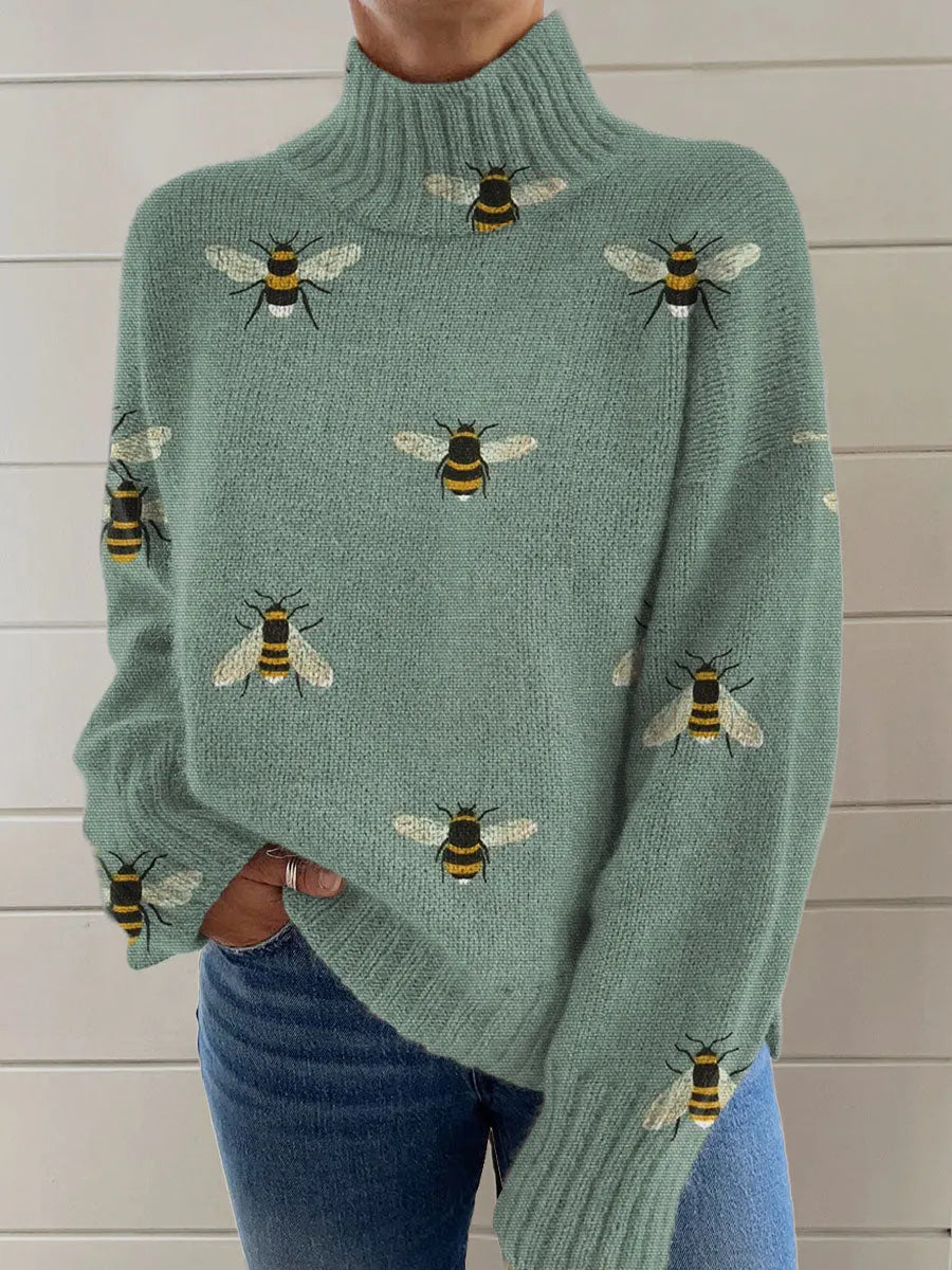 Women's loose-fit Christmas printed turtleneck sweater in polyester with turtleneck collar and long sleeves