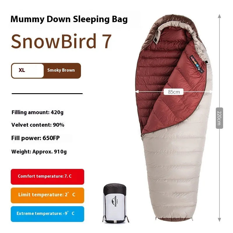 Goose down mummy sleeping bag with storage bag, shown in a neutral colour for adult outdoor use