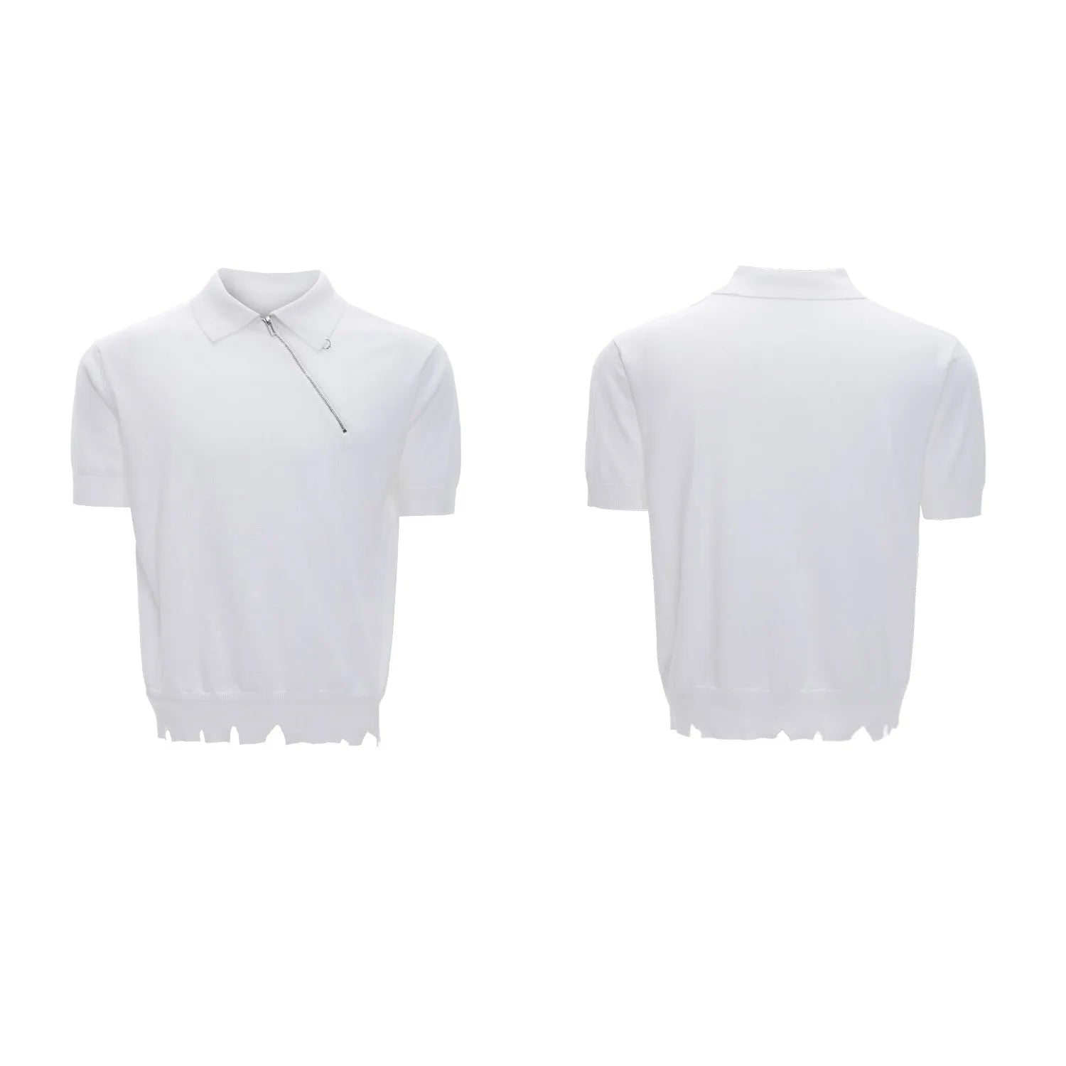 Men's ice-feeling slim-fit knitted polo shirt with oblique zipper closure in solid colour