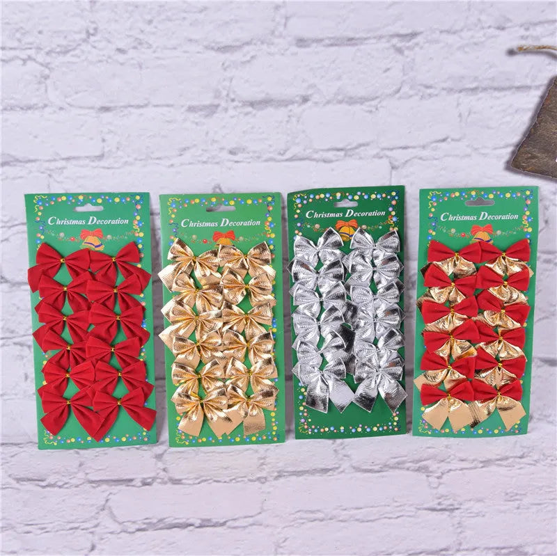 Red, gold, silver, and red-gold polyester Christmas bow ornaments measuring 5 cm.
