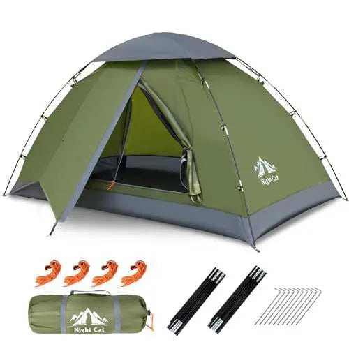 Dark green automatic pop-up camping tent with rainfly, suitable for two people