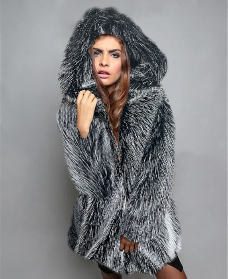 Women's mid-length artificial fur coat in loose trendy style with regular sleeves