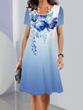Floral print ice silk mid-length summer dress with short sleeves and round neck