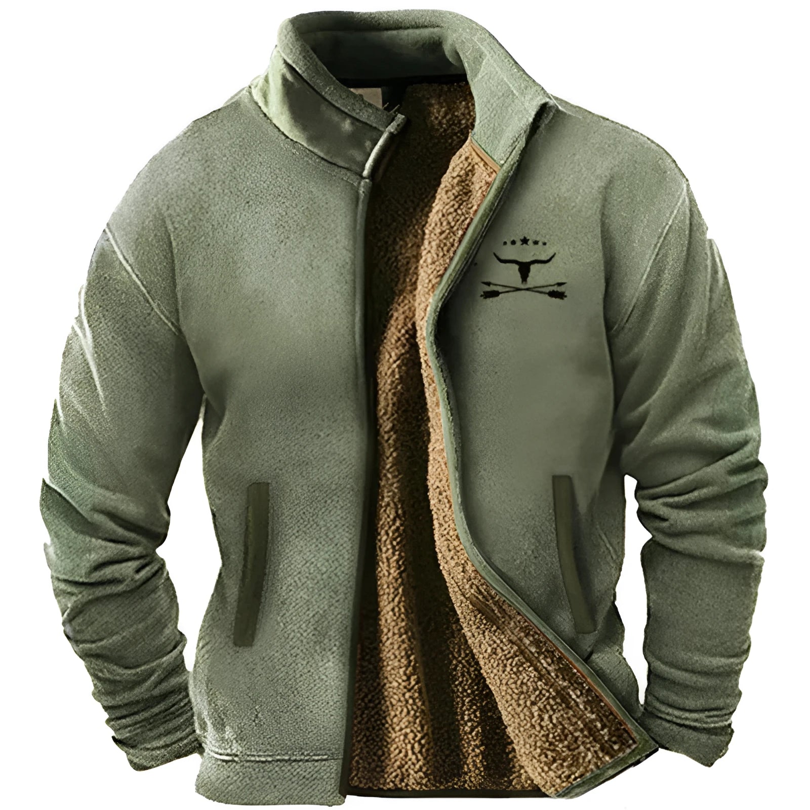 Men's green polyester padded coat with regular fit and normal length