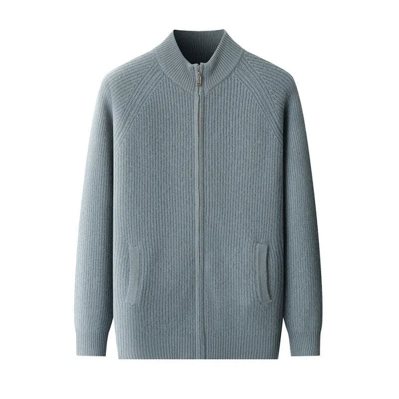 Men's half turtleneck zipper cardigan in solid colour with long sleeves and standard wool yarn construction