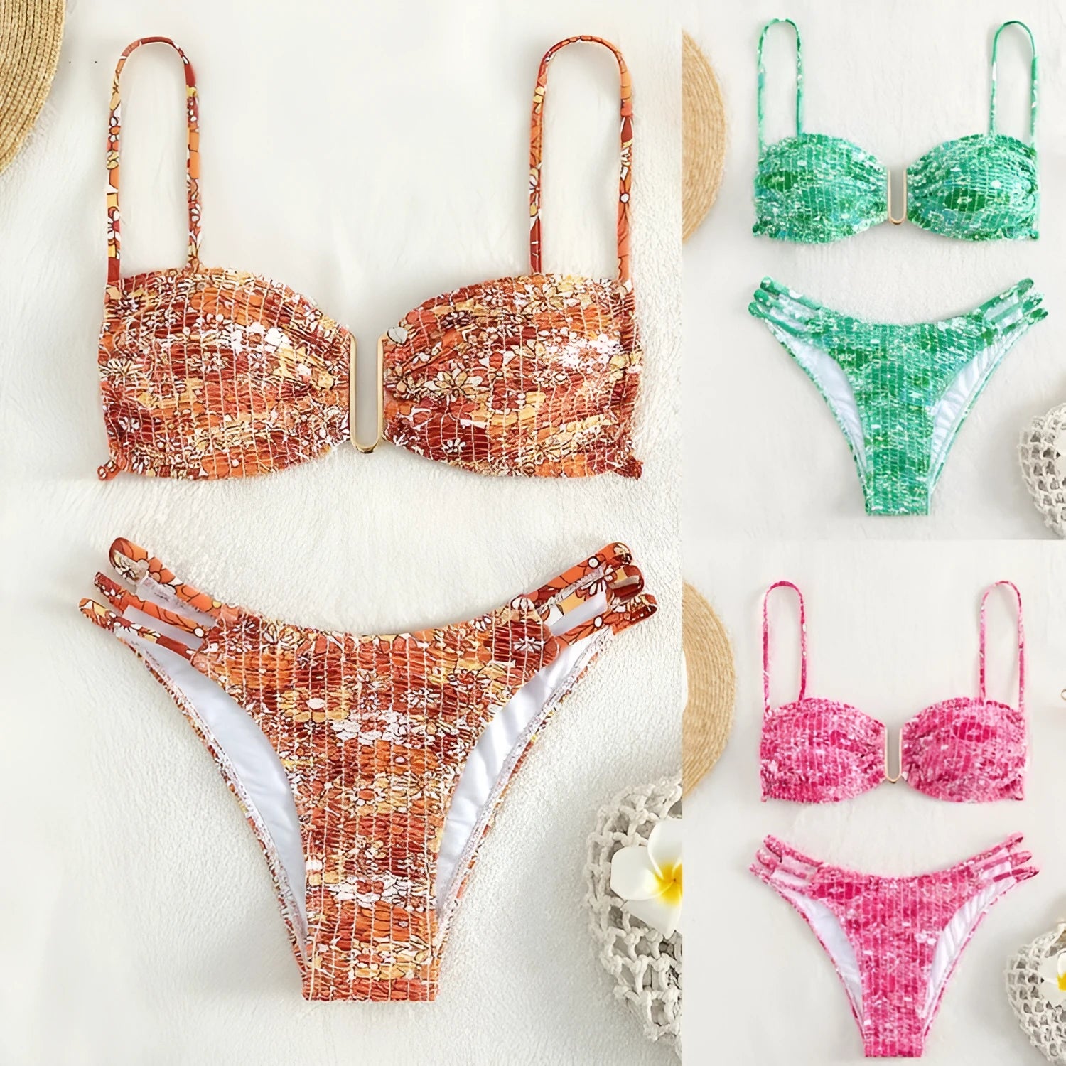 Women's floral print bikini swimsuit with high-waisted briefs in orange, blue, and rose red colours