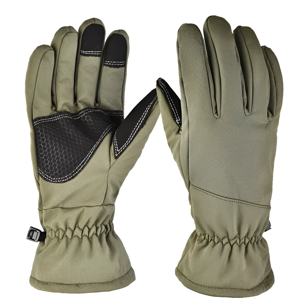 Pair of nylon tactical ski gloves in camouflage colour with anti-slip palm and touchscreen fingertips.