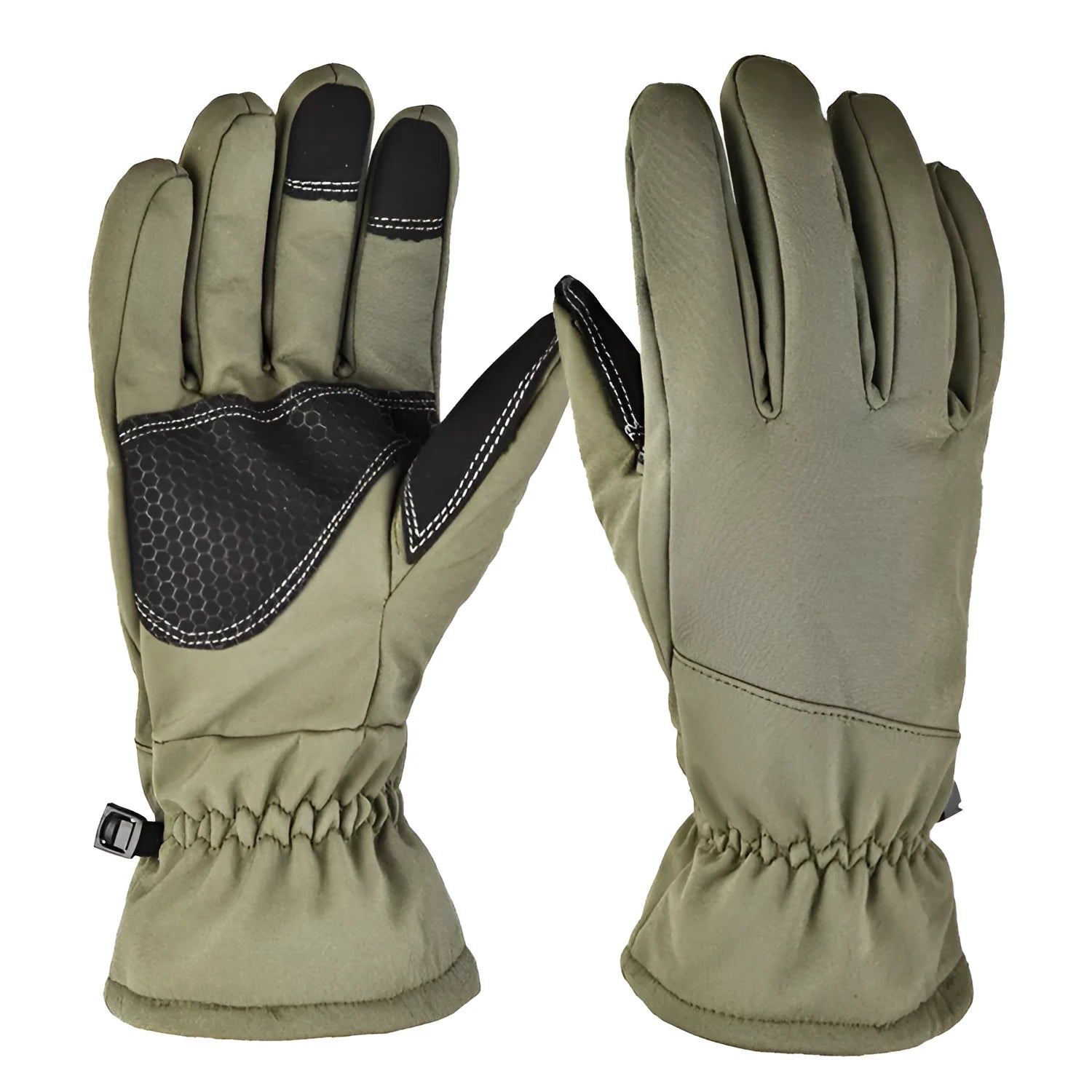 Pair of nylon tactical ski gloves in camouflage colour with anti-slip palm and touchscreen fingertips.