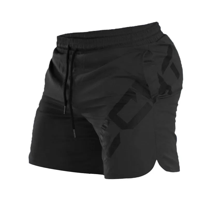 Men's black elastic waist knee-length quick-dry training shorts on a white background.