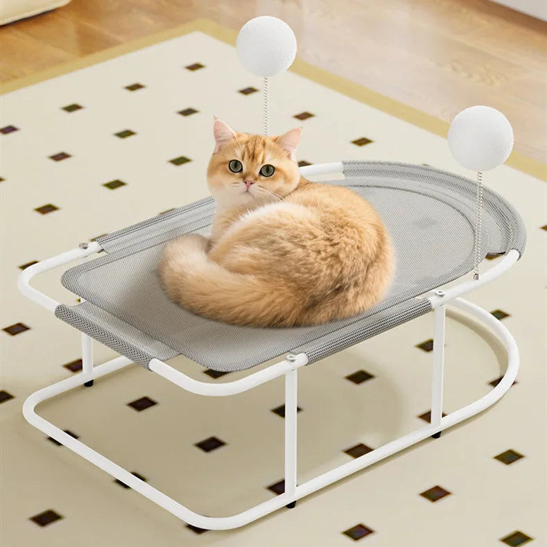 Large grey fabric cat kennel with bracket construction showing breathable design