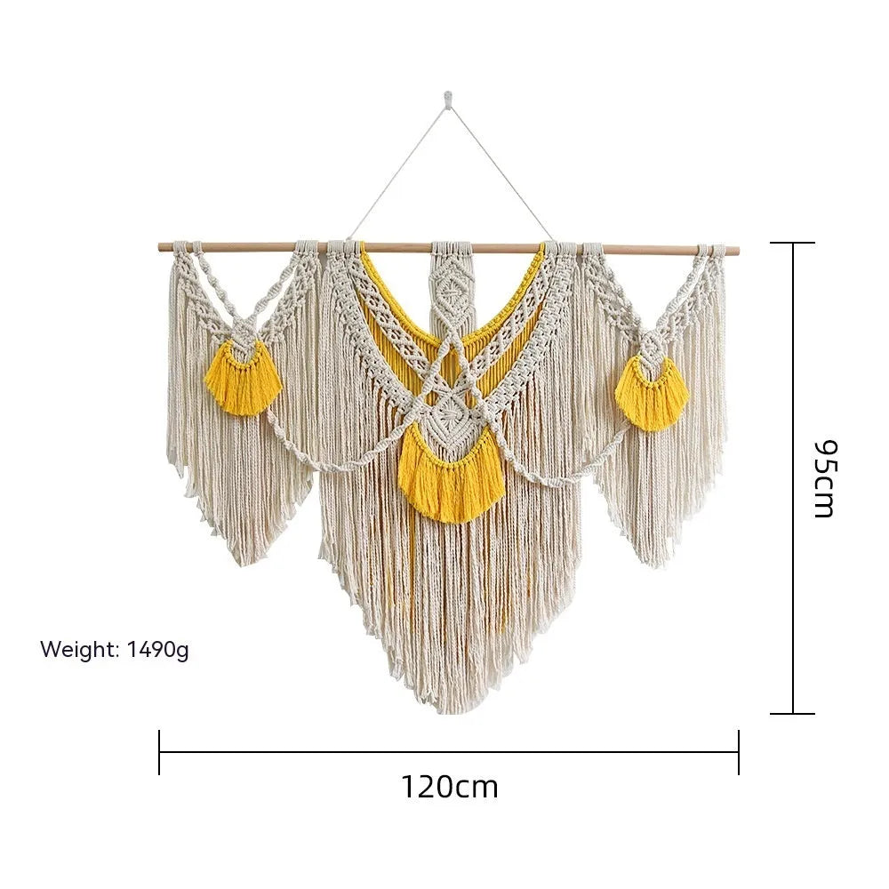 Hand-woven cotton Nordic tapestry 120x95cm creamy white with yellow woven accents