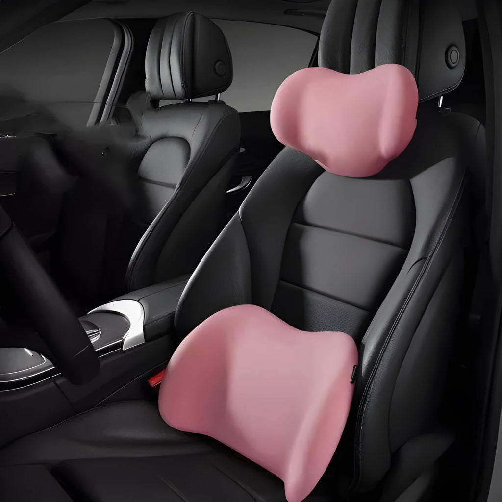 Memory cotton car headrest and waist cushion set in black, green, grey, or pink for neck and back support.