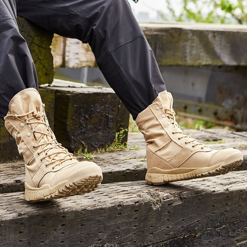 Yulong tactical combat desert boots in black and sand colour options for outdoor sports.