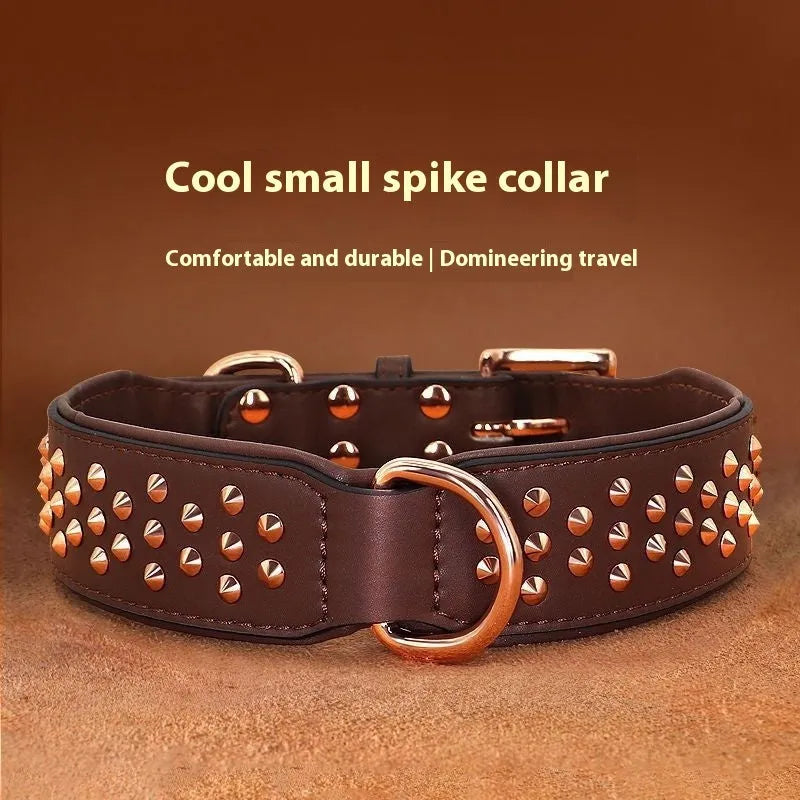 Leather dog collar with metal rivets in black, chocolate, or pink colour, shown in L and XL sizes.