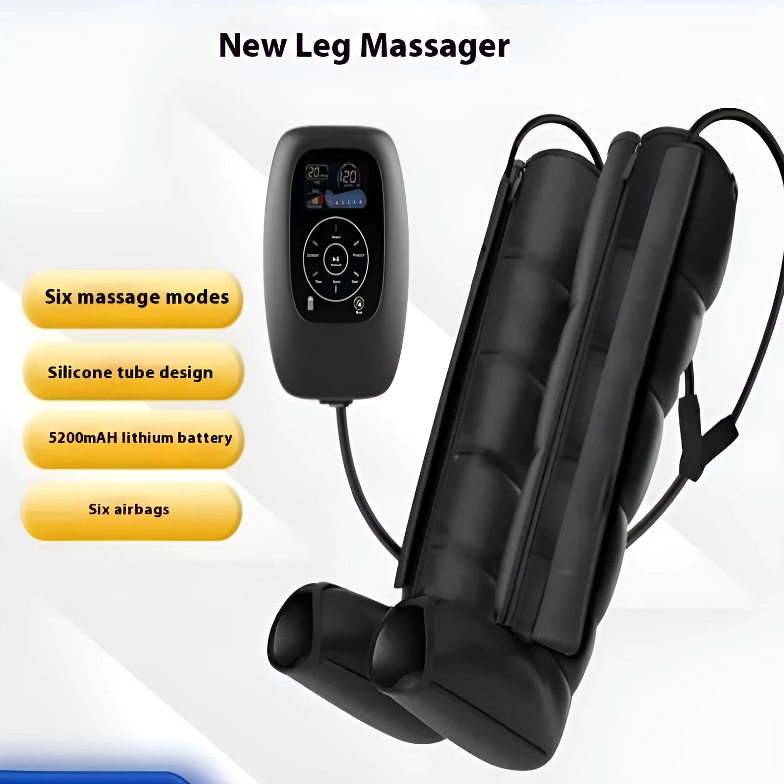 Air wave pressure massager set with remote control, leg sleeves, arm sleeve, and waist belt on a table.