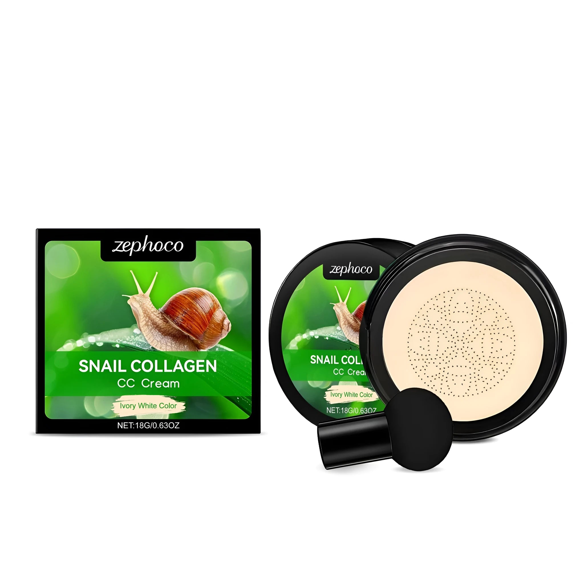 ZEPHOCO CC cream foundation tube with mushroom powder puff applicator in ivory white or natural colour options