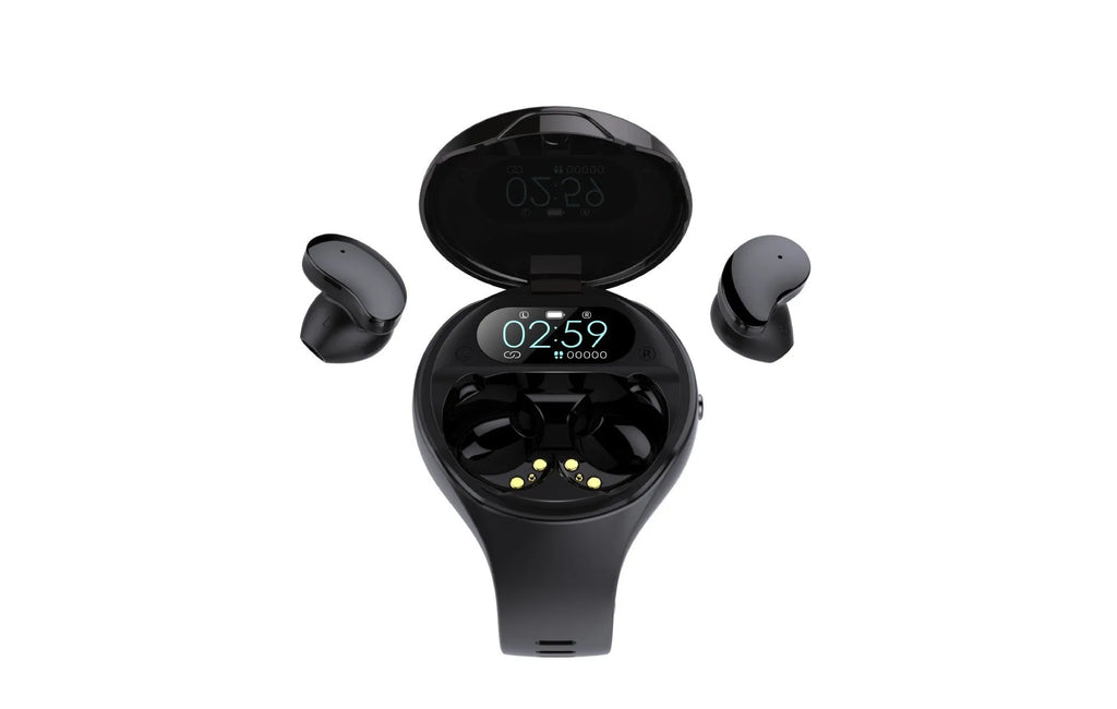 Black Bluetooth headset and smart bracelet combo showing detachable TWS earphones and sports watch display