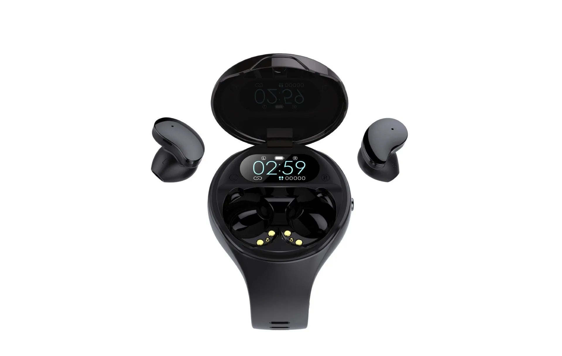 Black Bluetooth headset and smart bracelet combo showing detachable TWS earphones and sports watch display