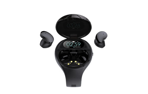 Black Bluetooth headset and smart bracelet combo showing detachable TWS earphones and sports watch display