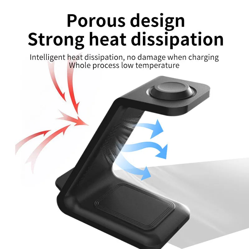 White upright wireless phone charger with dual-coil design and QC3.0 support on a desk.