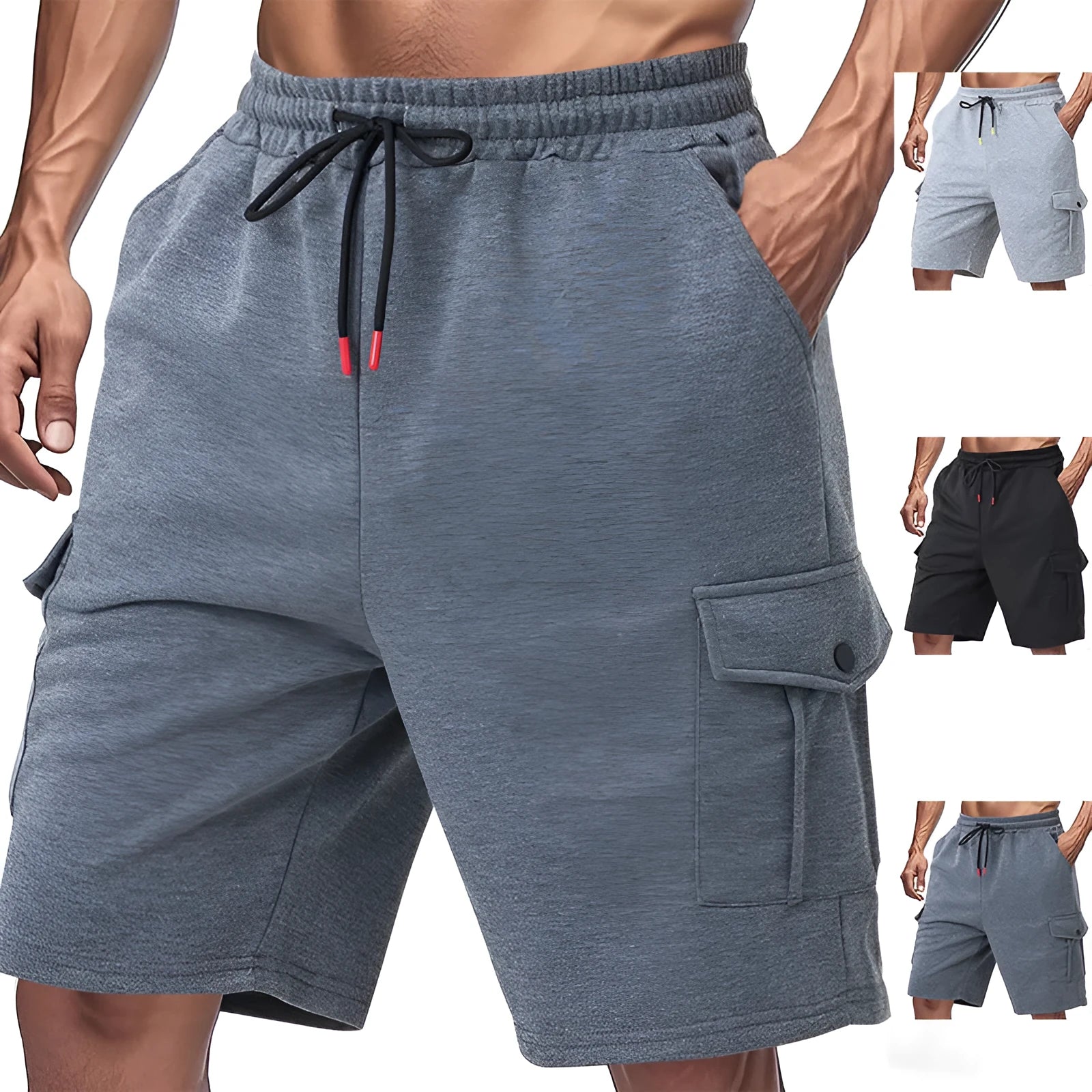 Men's loose cargo shorts with multiple pockets in terry fabric available in three colours
