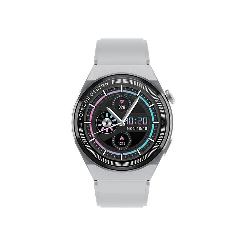 Circular smartwatch with tempered glass screen and silicone strap for Bluetooth calls and NFC payments