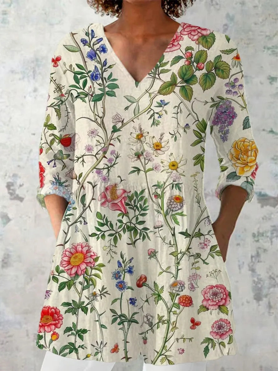 Women's retro slim fit long-sleeved top with digital printing in polyester fabric