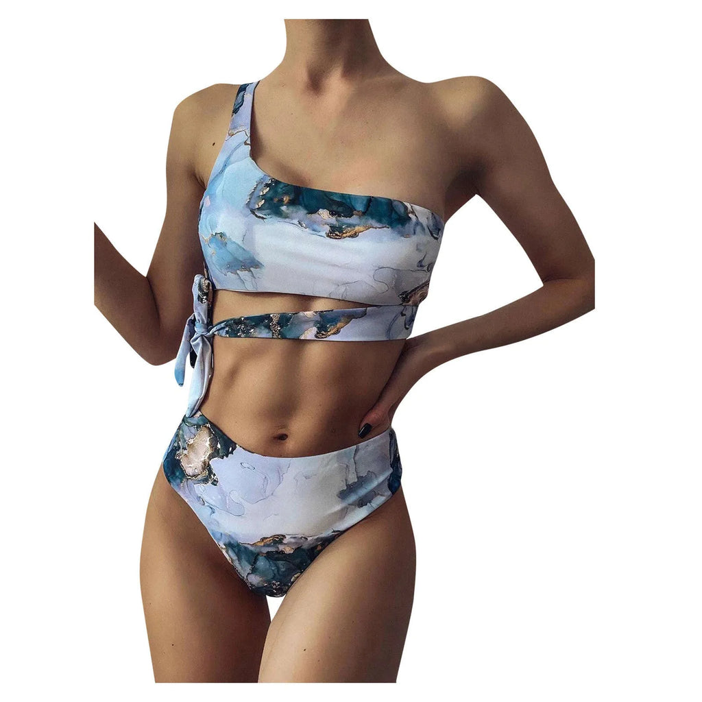 Women's marble tie-dye high-waist bikini with U-neck top for swimming.
