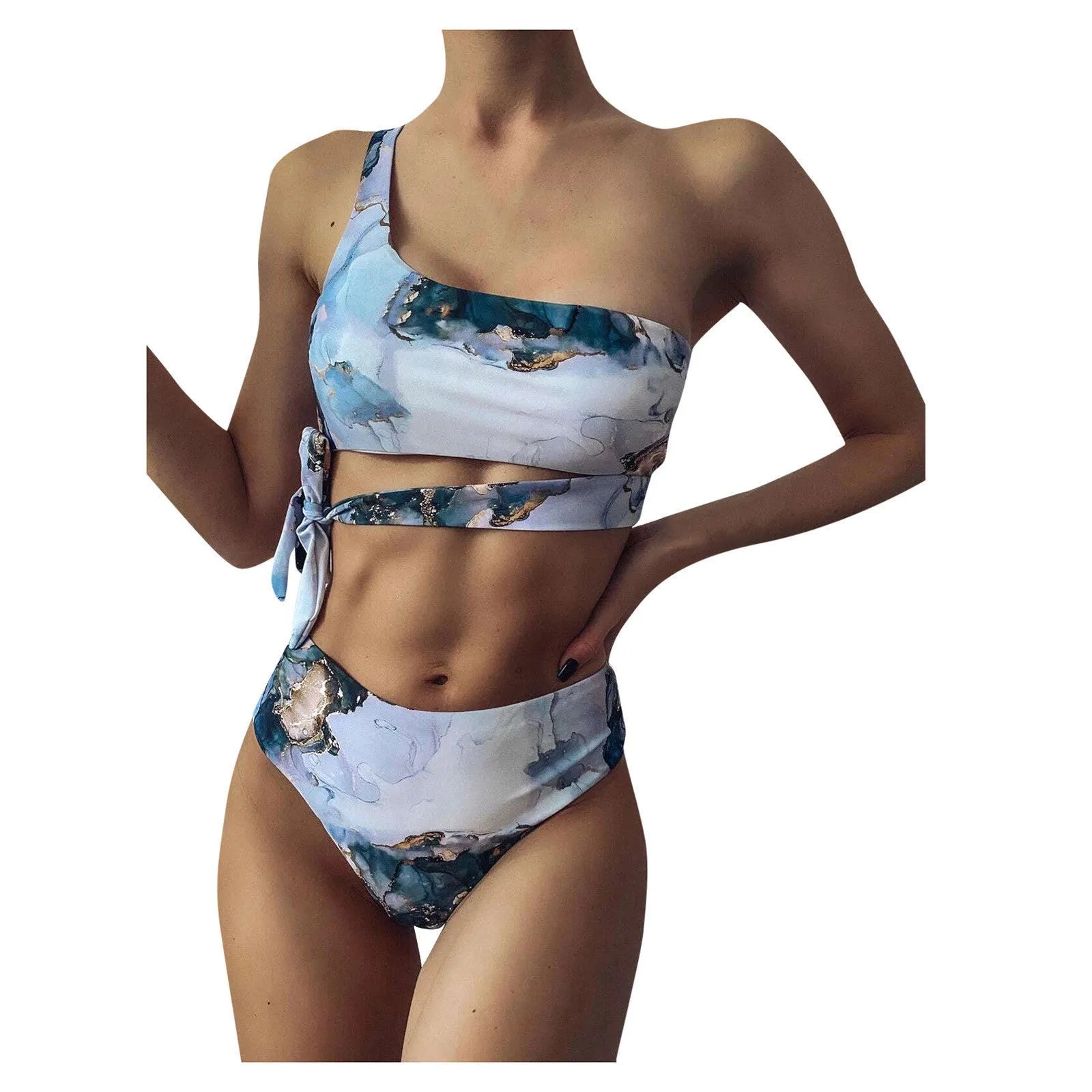 Women's marble tie-dye high-waist bikini with U-neck top for swimming.