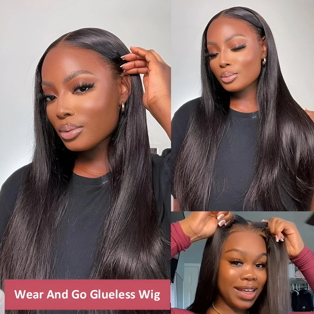 Human hair straight wig with glueless application and side bangs in natural style