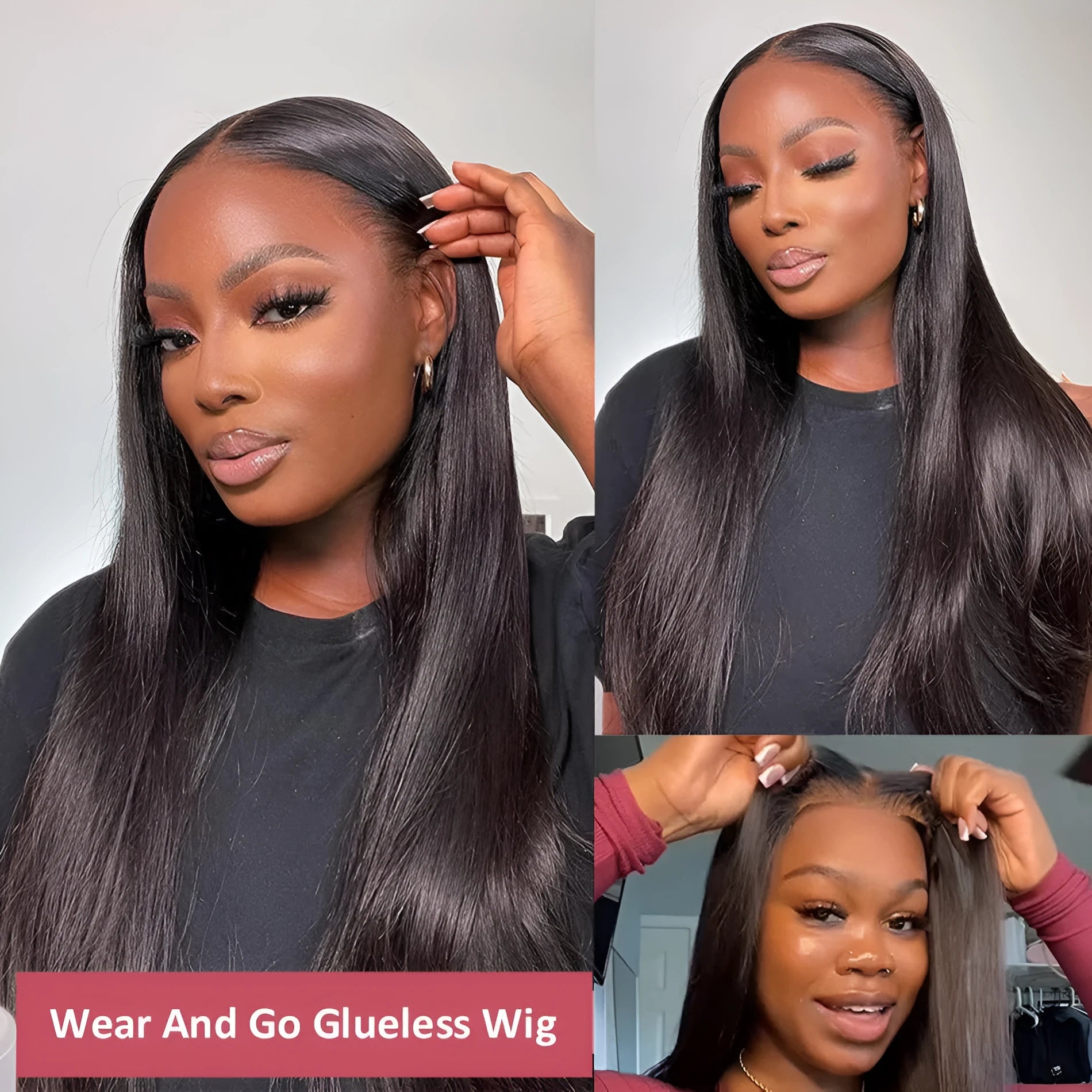 Human hair straight wig with glueless application and side bangs in natural style