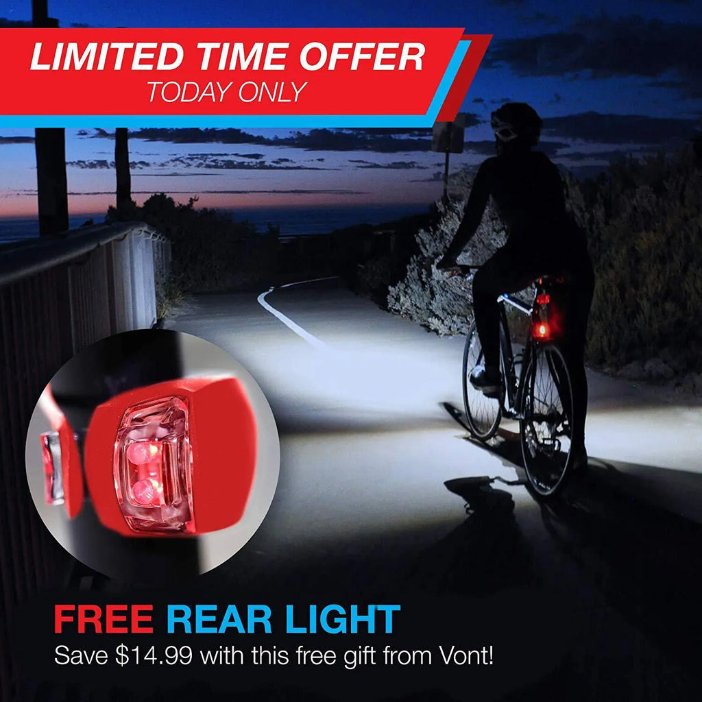 Black bicycle headlight and taillight set with handlebar mounting bracket on a bicycle.