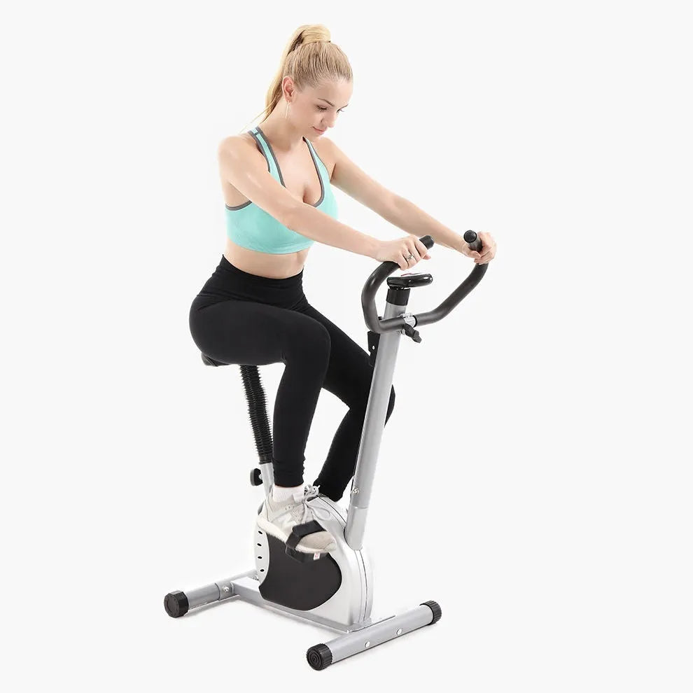Spinning fitness bicycle in black with ribbon resistance handle and display console