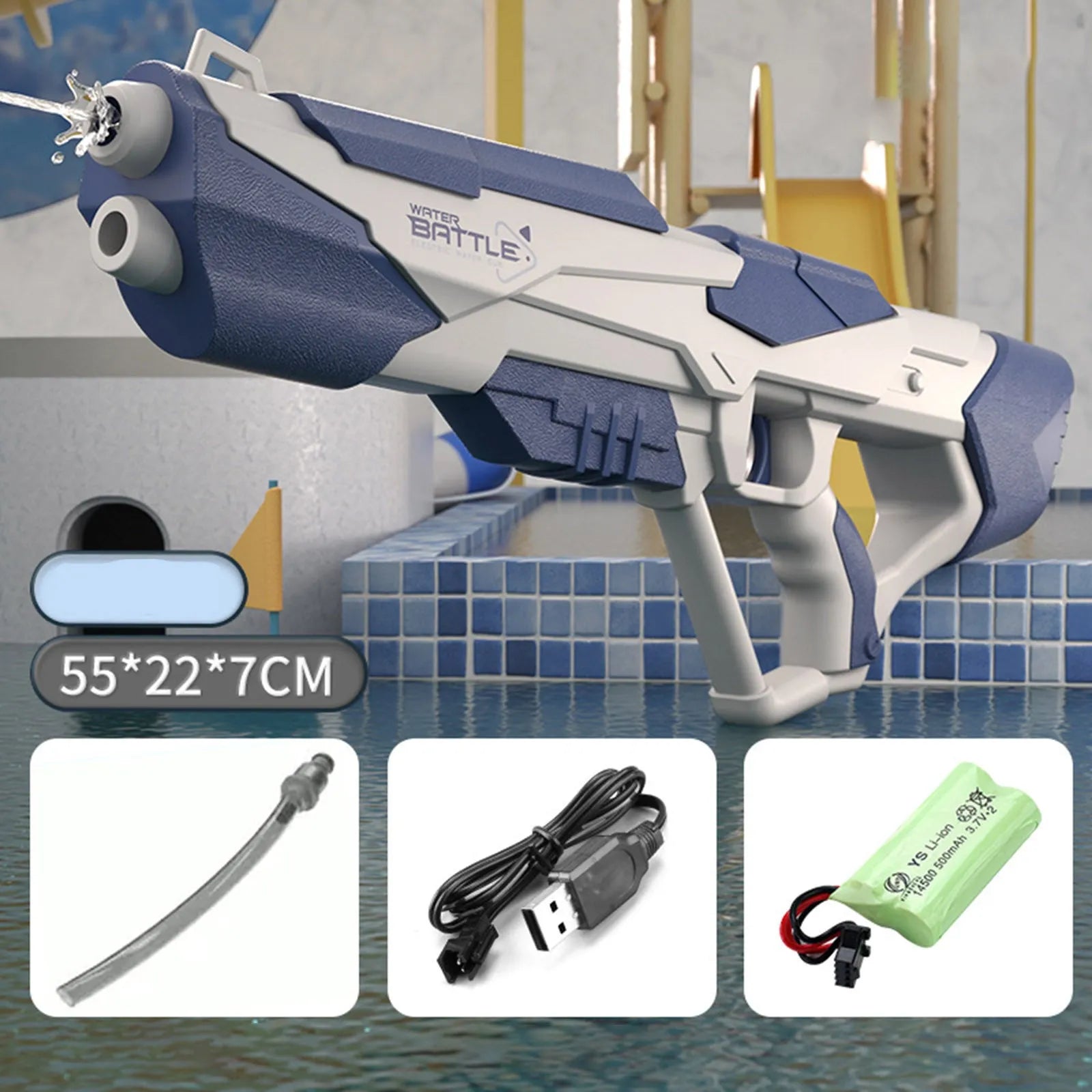 Blue plastic electric space water gun with automatic water absorption for pool and beach play.
