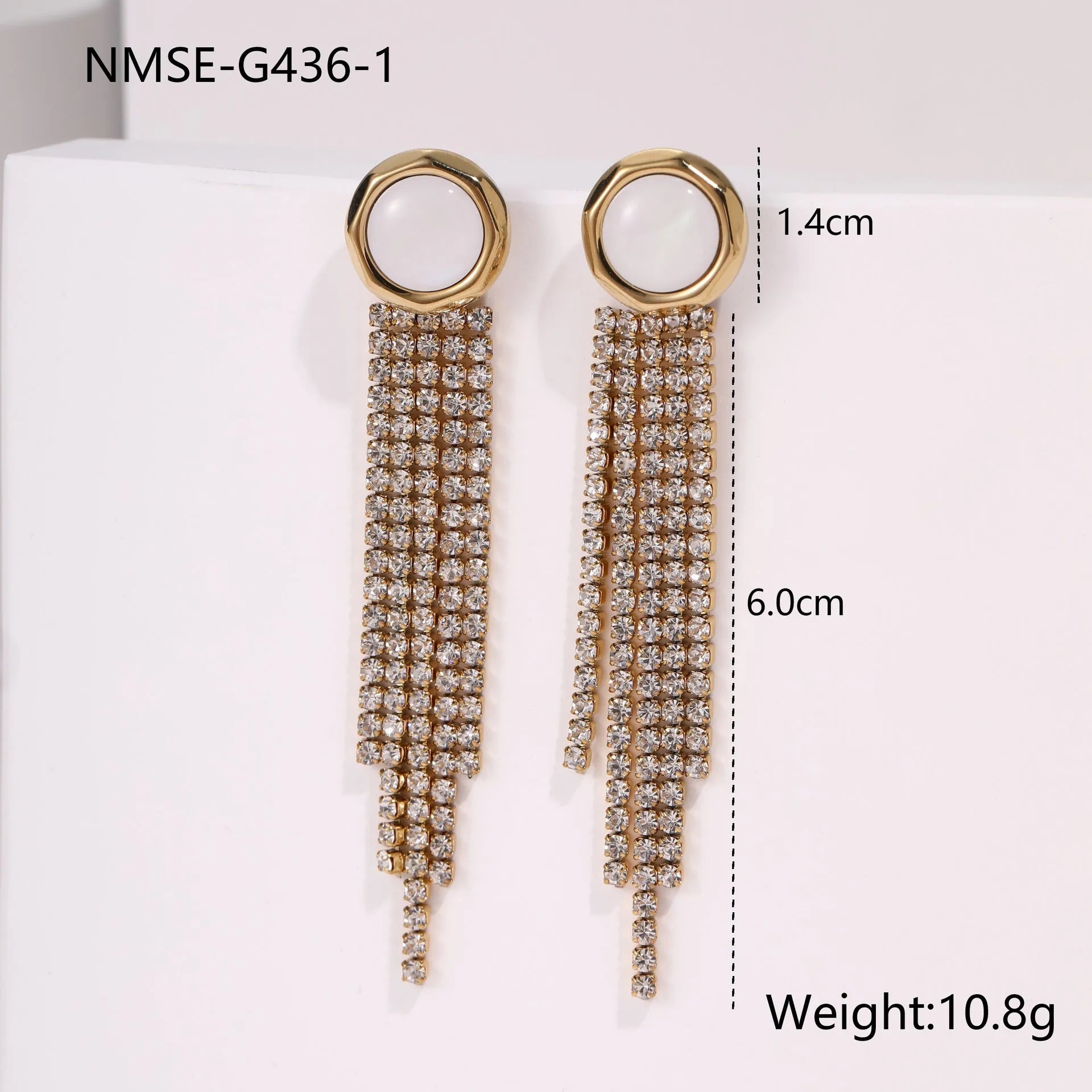 Women's stainless steel earrings with diamond tassel designs in heart, star and geometric shapes with 18K electroplated finish