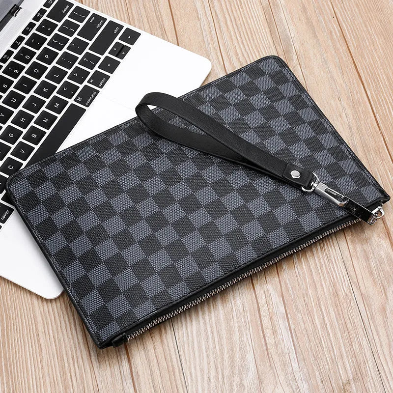 Soft black PU leather men's clutch wallet open to show six card slots, bill compartment, and zipper pocket.