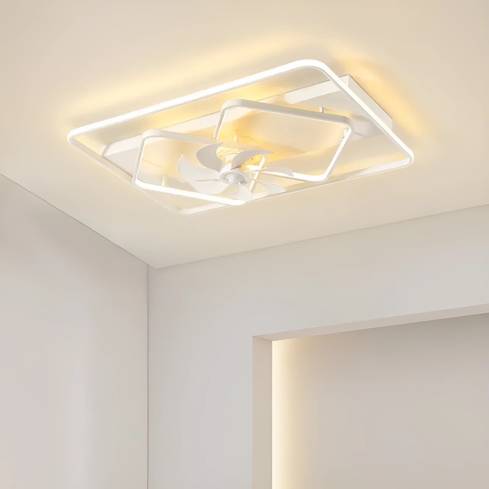 Modern style white ceiling fan with light, plastic blades and acrylic shade, shown mounted on a ceiling.