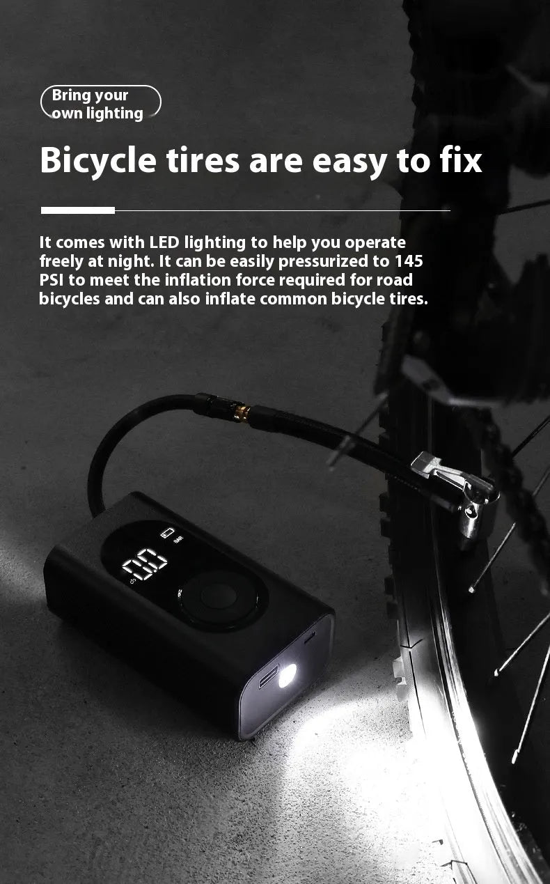 Mini wireless handheld air pump with power bank and flashlight for car and bike tyre inflation