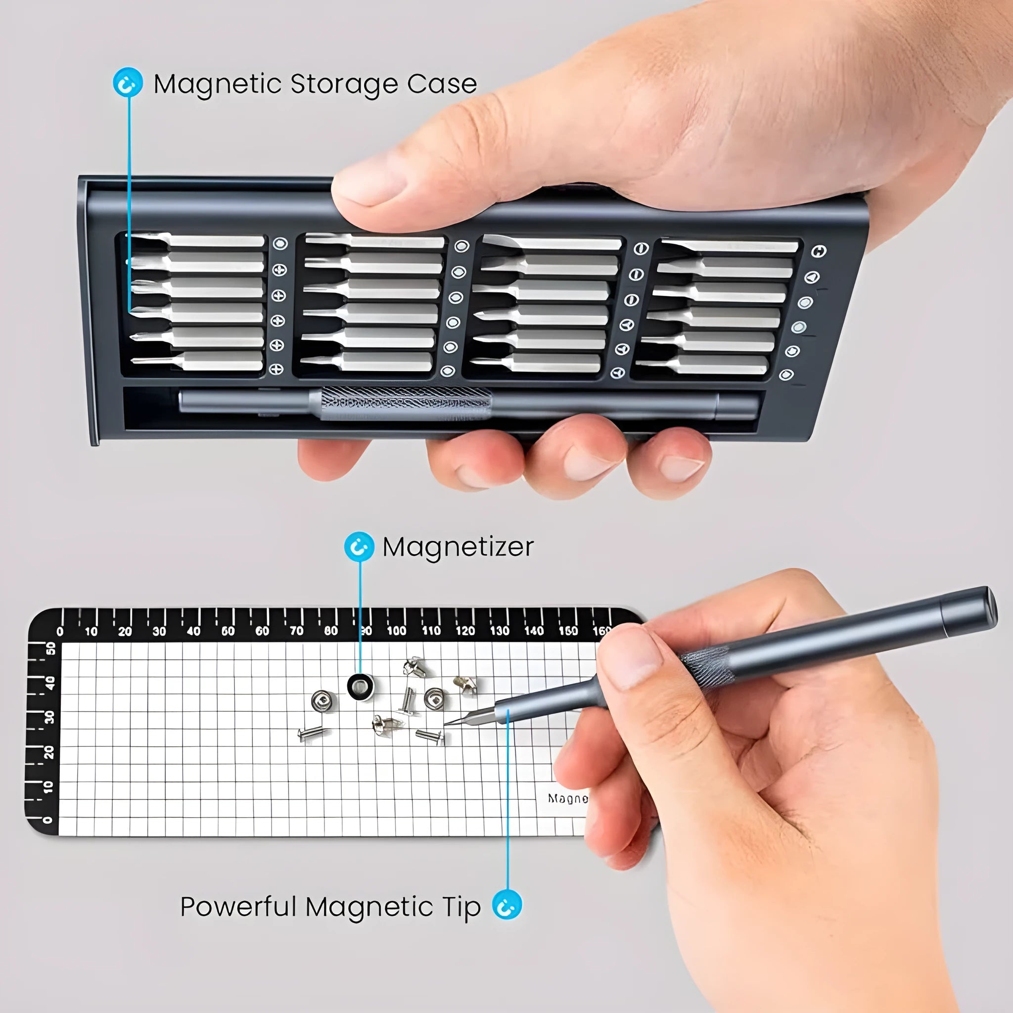 25-in-one magnetic precision screwdriver set with knurled handle and bits.