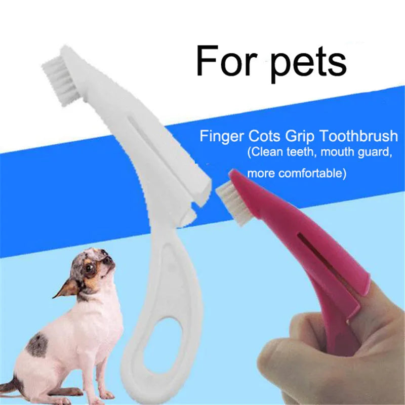 Red and white pet finger toothbrush with silicone bristles for dog and cat dental care.