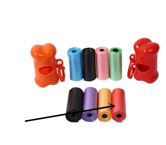 Roll of handled dog poop bags in assorted colours showing dimensions of 22.5 by 30 centimetres