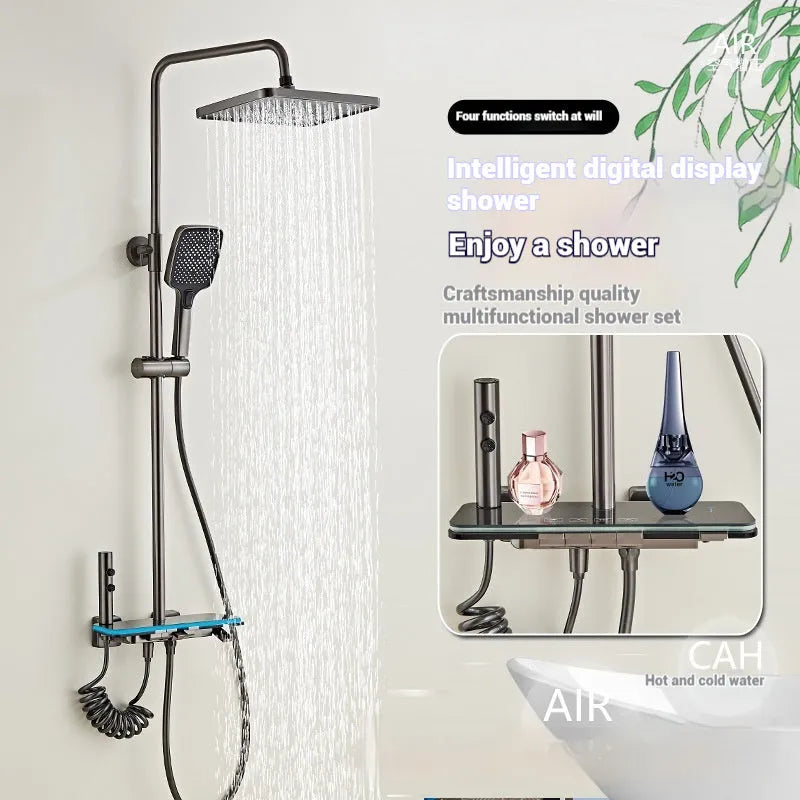 Aluminium digital display shower head set with temperature control in white or grey