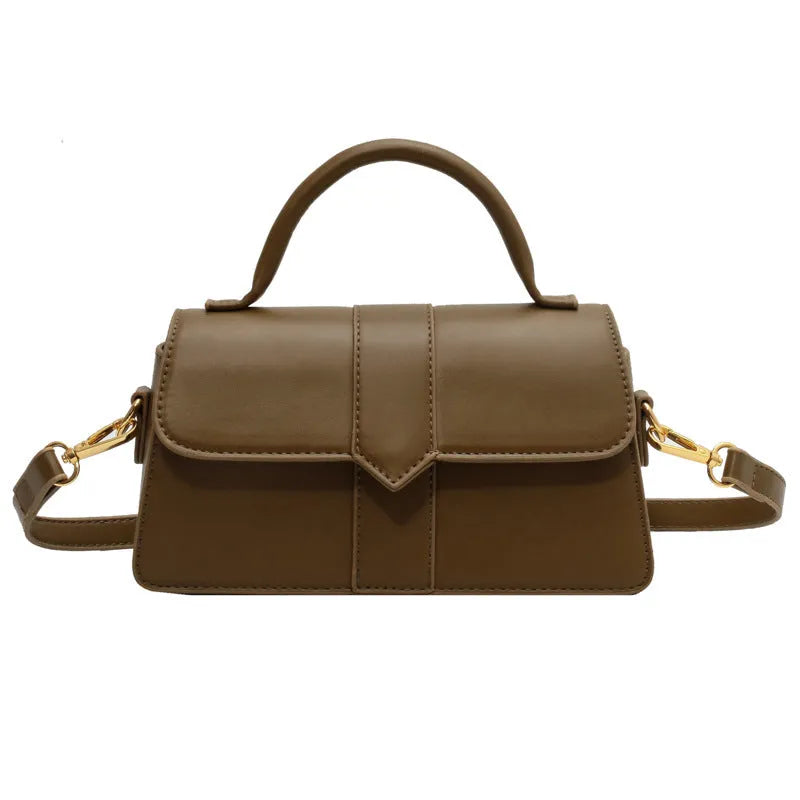Women's beige PU leather horizontal square messenger bag with crossbody strap and external pocket